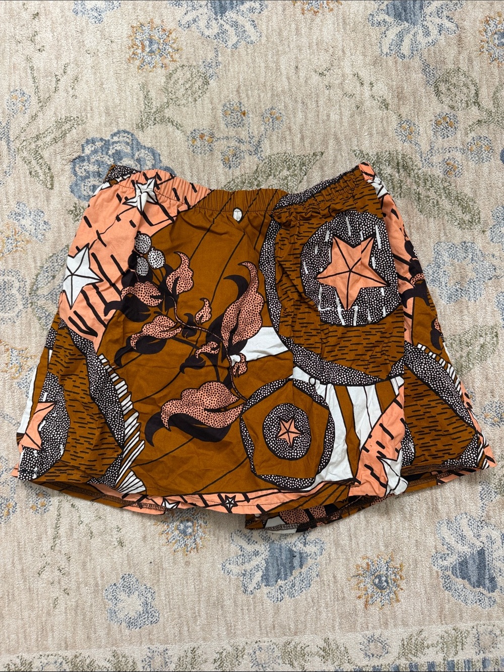 Mamie Ruth Elastic-Waist Skort in Rust & Peach Floral/Star Print